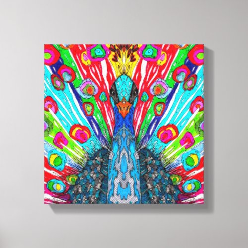 Colorful Watercolor Peacock Wrapped Canvas 12X12
