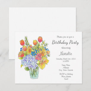 Colorful Watercolor, Pen & Ink Floral Bouquet Invitation