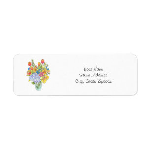 Colorful Watercolor, Pen & Ink Floral Bouquet Label