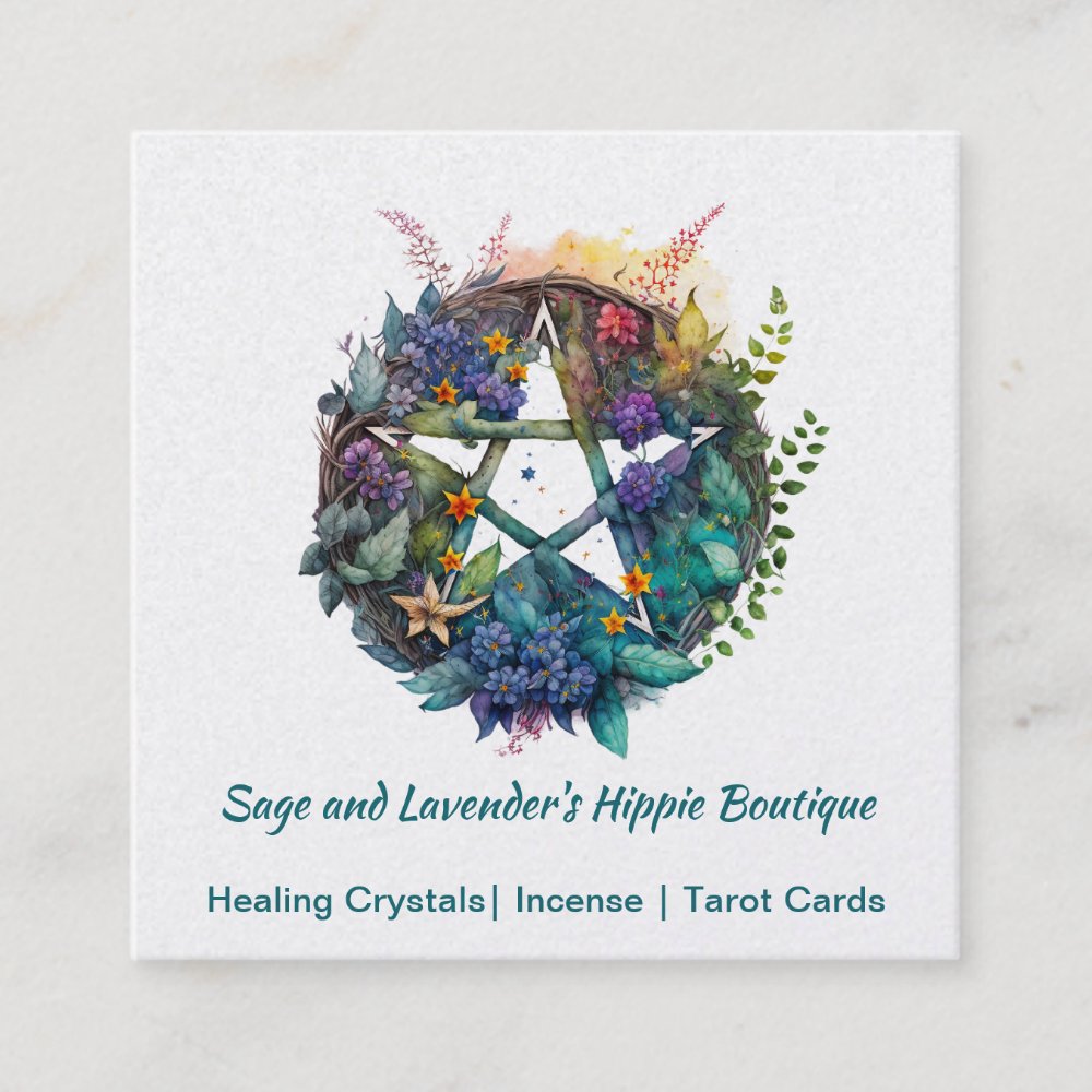 Colorful Watercolor Pentagram and Flowers  Square Business Card