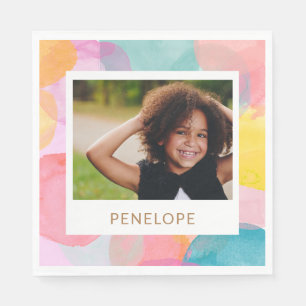 Colorful Watercolor Photo Name Kids Birthday Party Napkins