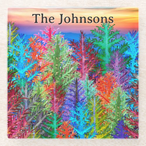 Colorful Watercolor Pine Trees Glass Coaster