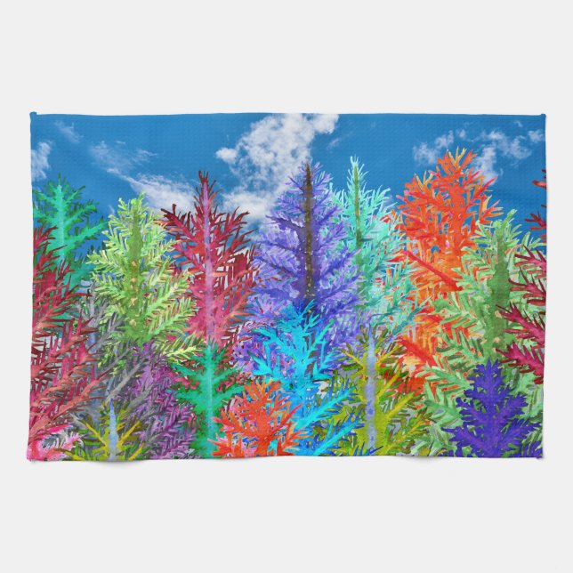 Colorful Watercolor Pine Trees Kitchen Towel (Horizontal)