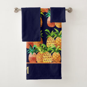 Colorful Watercolor Pineapple Pattern on Navy Blue Bath Towel Set