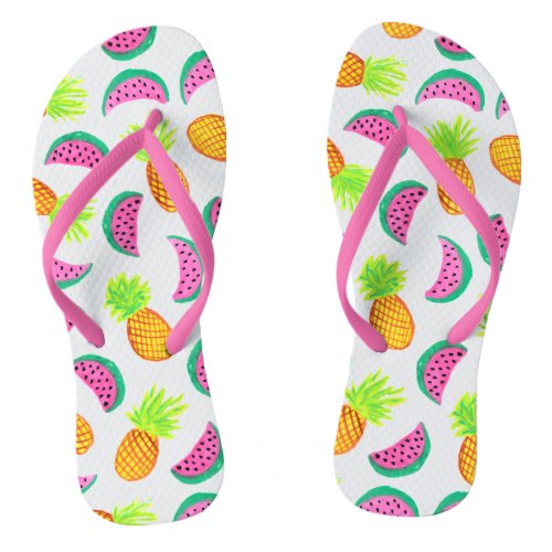 colorful watercolor pineapple watermelon pattern flip flops