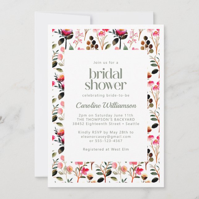 Colorful Watercolor Pink Greenery Bridal Shower Invitation (Front)