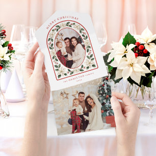 Colorful Watercolor Poinsettia & Holly Arch Photo All In One Invitation