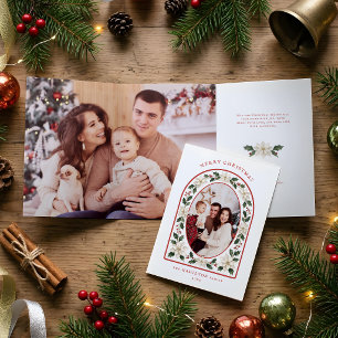 Colorful Watercolor Poinsettia & Holly Arch Photo Tri-Fold Holiday Card