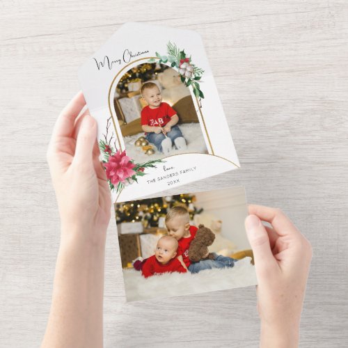 Colorful Watercolor Poinsettias Pine  Arch Photo All In One Invitation