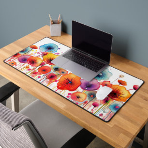 Colorful Watercolor Poppy Flower Garden Desk Mat