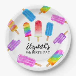 Colorful Watercolor Popsicle Birthday Paper Plates
