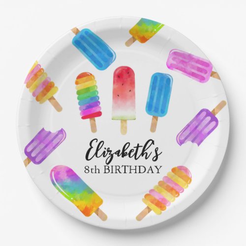 Colorful Watercolor Popsicle Birthday Paper Plates