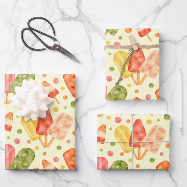 Colorful Watercolor Popsicles Wrapping Paper Sheets (Front)