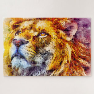 Colorful watercolor portrait of African lion, Jigsaw Puzzle
