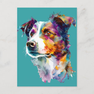 Colorful Watercolor Portrait of Border Collie Dog Postcard