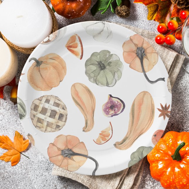 Colorful Watercolor Pumpkin Pattern | Autumn Vibes Paper Plates (Creator Uploaded)