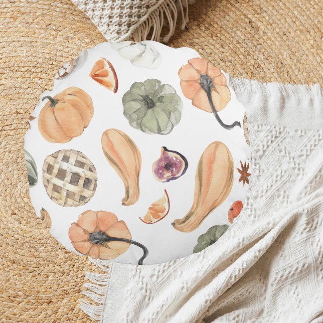 Colorful Watercolor Pumpkin Pattern | Autumn Vibes Round Pillow (Creator Uploaded)