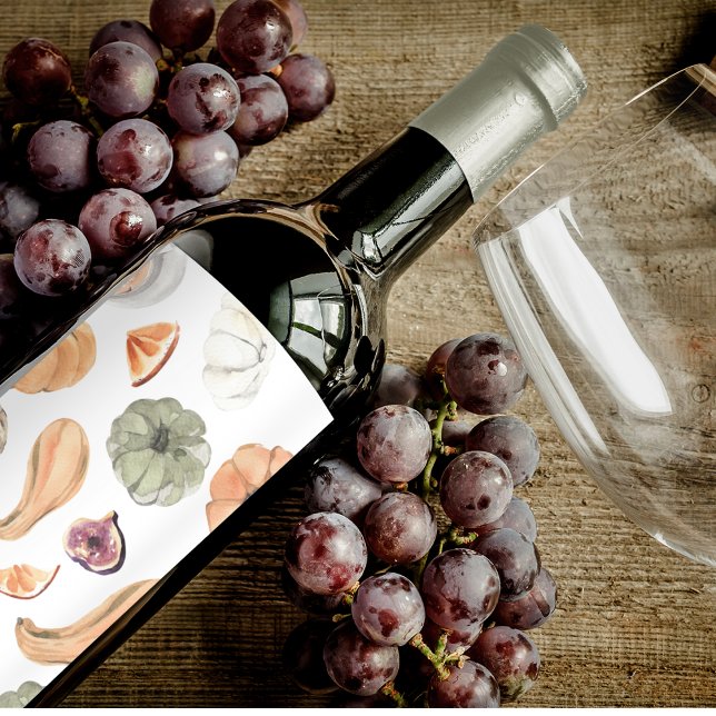 Colorful Watercolor Pumpkin Pattern | Autumn Vibes Wine Label (Creator Uploaded)