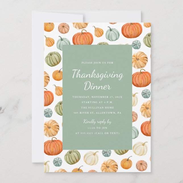 Colorful Watercolor Pumpkin Thanksgiving Dinner  Invitation (Front)
