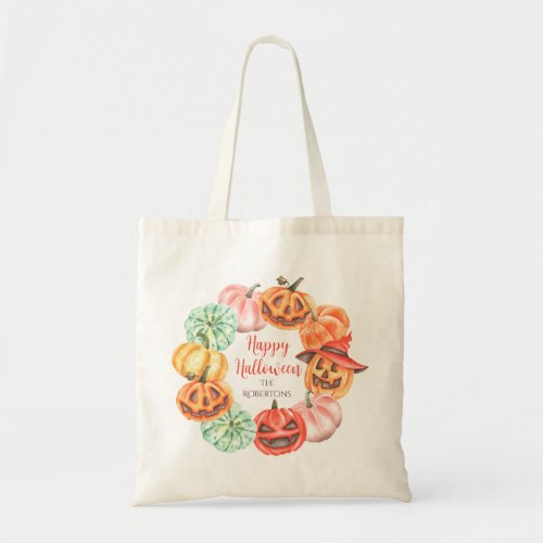 Colorful Watercolor Pumpkin Wreath Trick or Treat Tote Bag