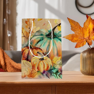 Colorful watercolor pumpkins and leaves medium gift bag