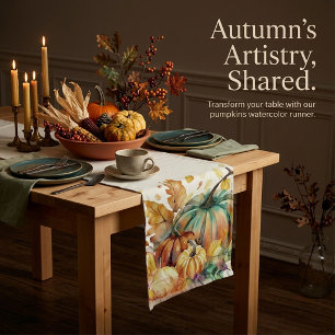 Colorful watercolor pumpkins and leaves medium table runner