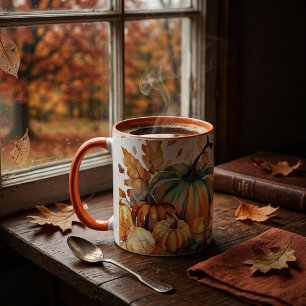 Colorful watercolor pumpkins and leaves mug