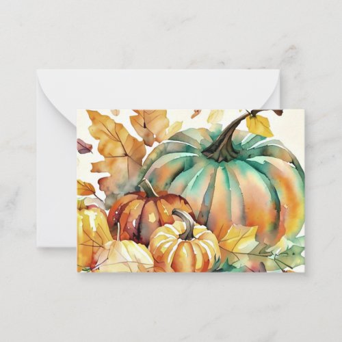 Colorful watercolor pumpkins and leaves note card