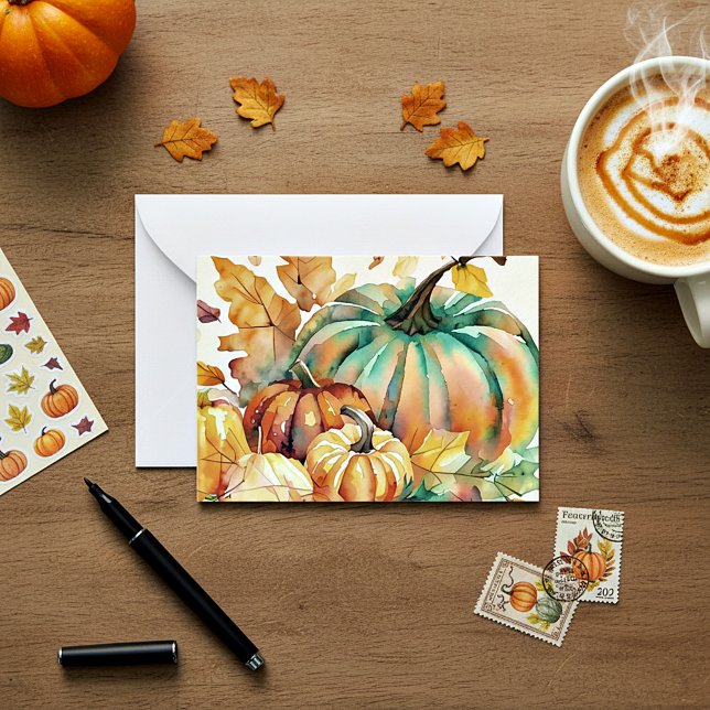 Colorful watercolor pumpkins and leaves note card (Creator Uploaded)