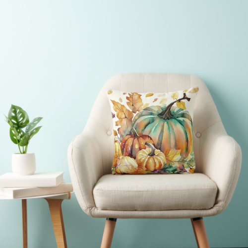 Colorful watercolor pumpkins and leaves throw pillow