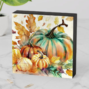 Colorful watercolor pumpkins and leaves wooden box sign