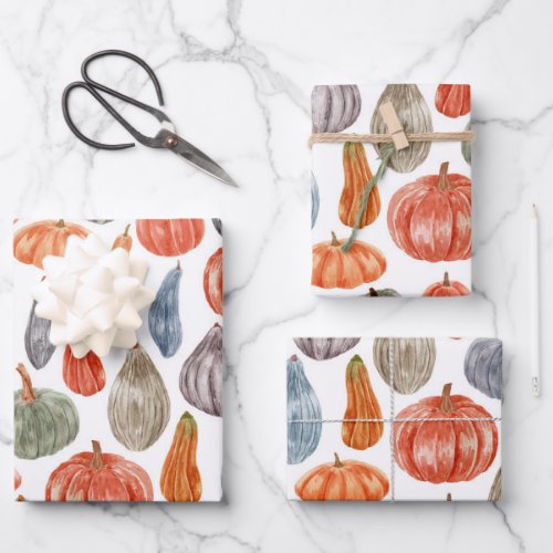 Colorful Watercolor Pumpkins Collection   Wrapping Paper Sheets