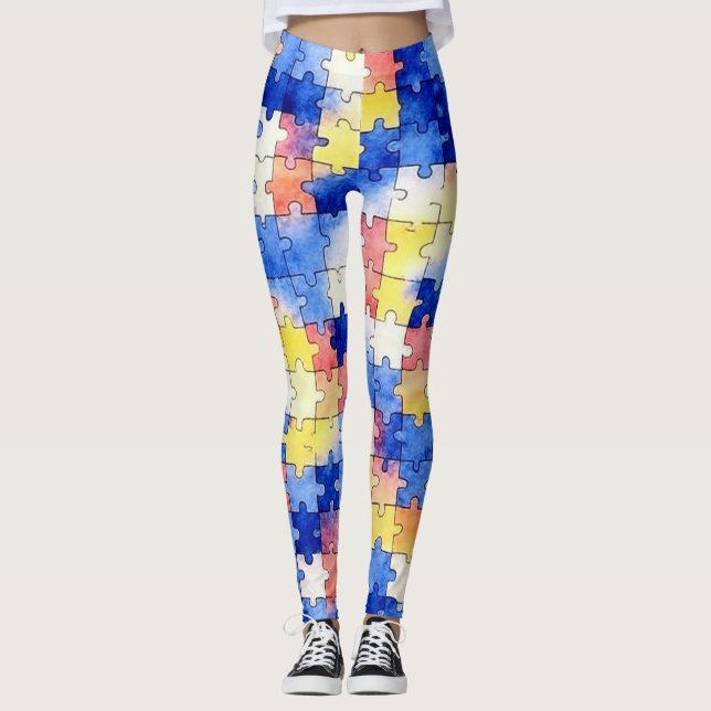 Colorful Watercolor Puzzle Piece Pattern Leggings (Front)