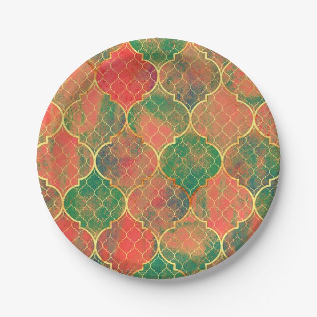 Colorful Watercolor Quatrefoil Pattern Paper Plates (Front)