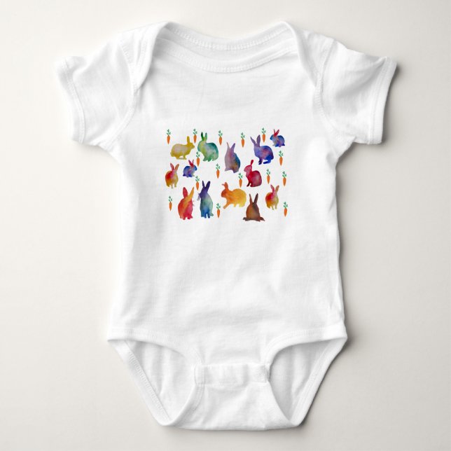 Colorful Watercolor Rabbits Easter Baby Bodysuit (Front)