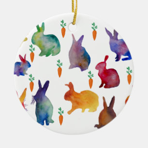 Colorful Watercolor Rabbits Easter Ceramic Ornament