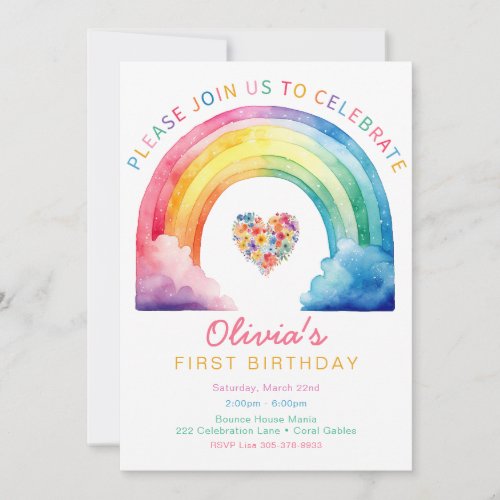 Colorful Watercolor Rainbow 1st Birthday Party Invitation