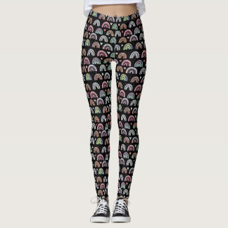 Colorful Watercolor Rainbow arch pattern on black Leggings