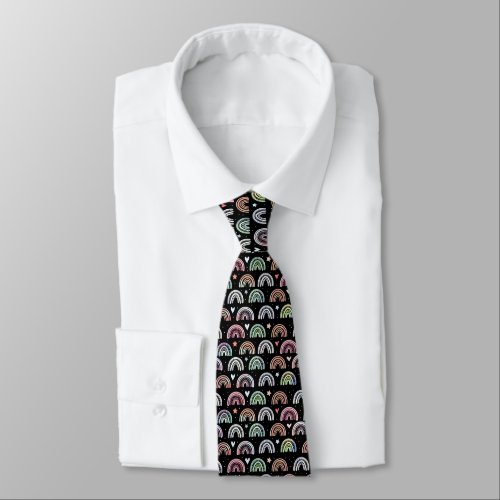 Colorful Watercolor Rainbow arch pattern on black Neck Tie