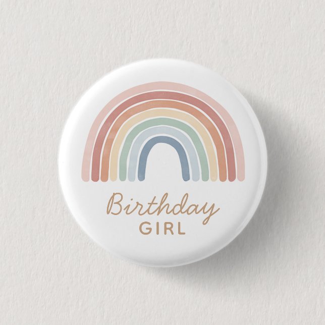 Colorful Watercolor Rainbow Birthday Girl Button (Front)