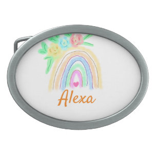Colorful watercolor rainbow boho floral add name t belt buckle