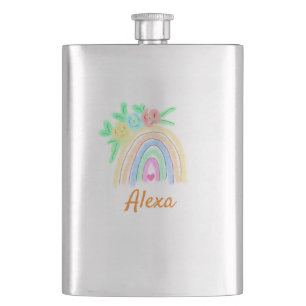 Colorful watercolor rainbow boho floral add name t flask