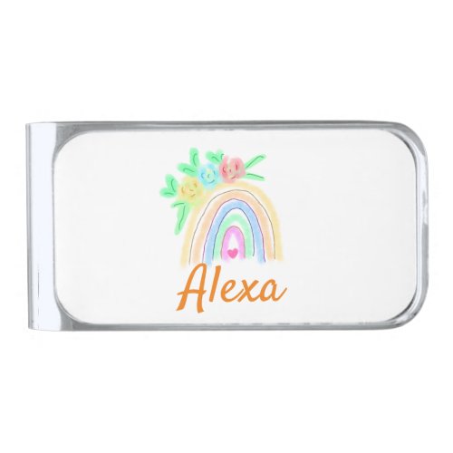 Colorful watercolor rainbow boho floral add name t silver finish money clip