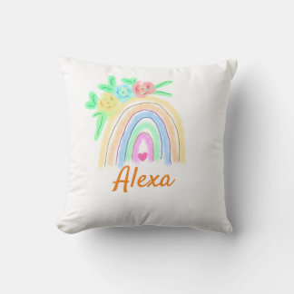 Colorful watercolor rainbow boho floral add name t throw pillow