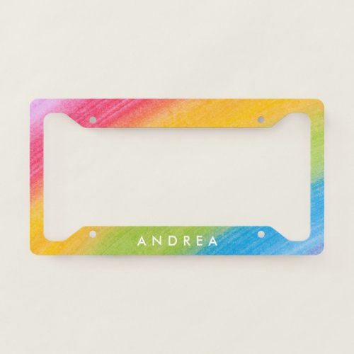 Colorful Watercolor Rainbow Brushstrokes  Name License Plate Frame