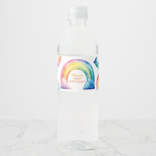 Colorful Watercolor Rainbow Girl Birthday Party Water Bottle Label