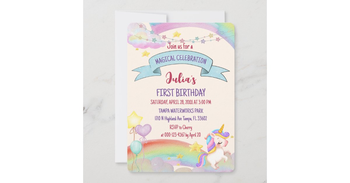 Colorful Watercolor Rainbow Unicorn Girl Birthday Invitation | Zazzle
