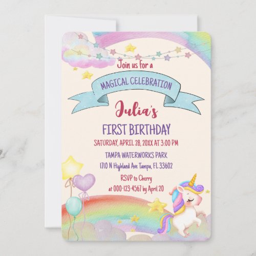 Colorful Watercolor Rainbow Unicorn Girl Birthday  Invitation