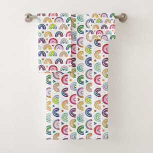 Colorful Watercolor Rainbows hearts & star pattern Bath Towel Set