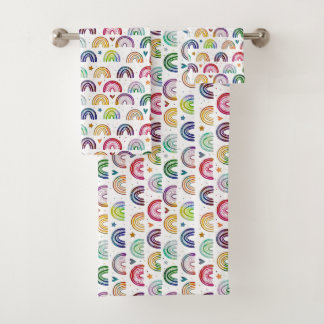 Colorful Watercolor Rainbows hearts & star pattern Bath Towel Set
